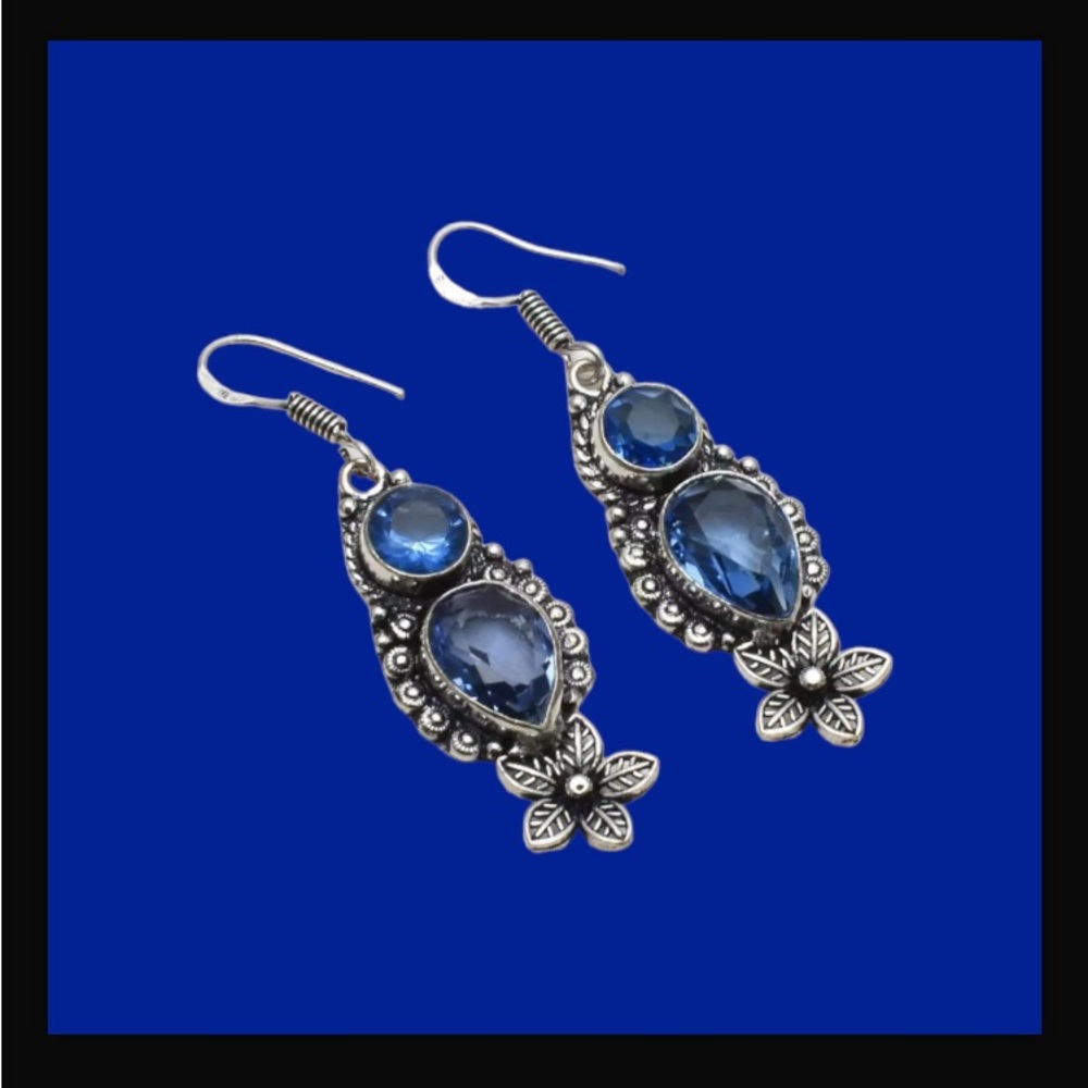 Blue Topaz Handcrafted Long Drop Dangle Earrings 2.08" Made In India New W Tags - Picture 7 of 12